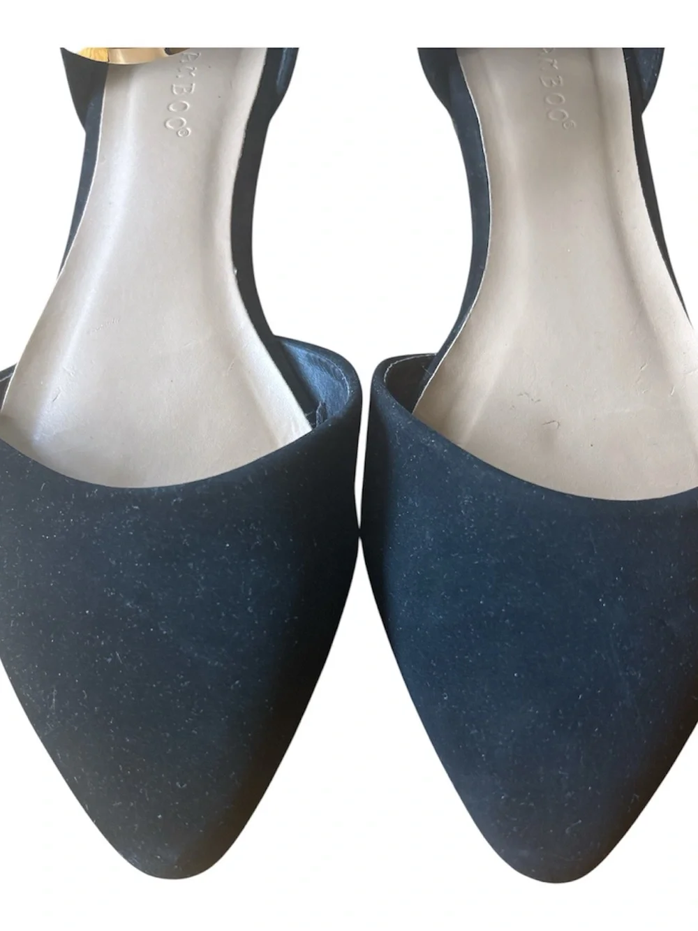 Bamboo Black Velvet Pointed Toe Ankle Strap Flats with Gold Accent Size 8